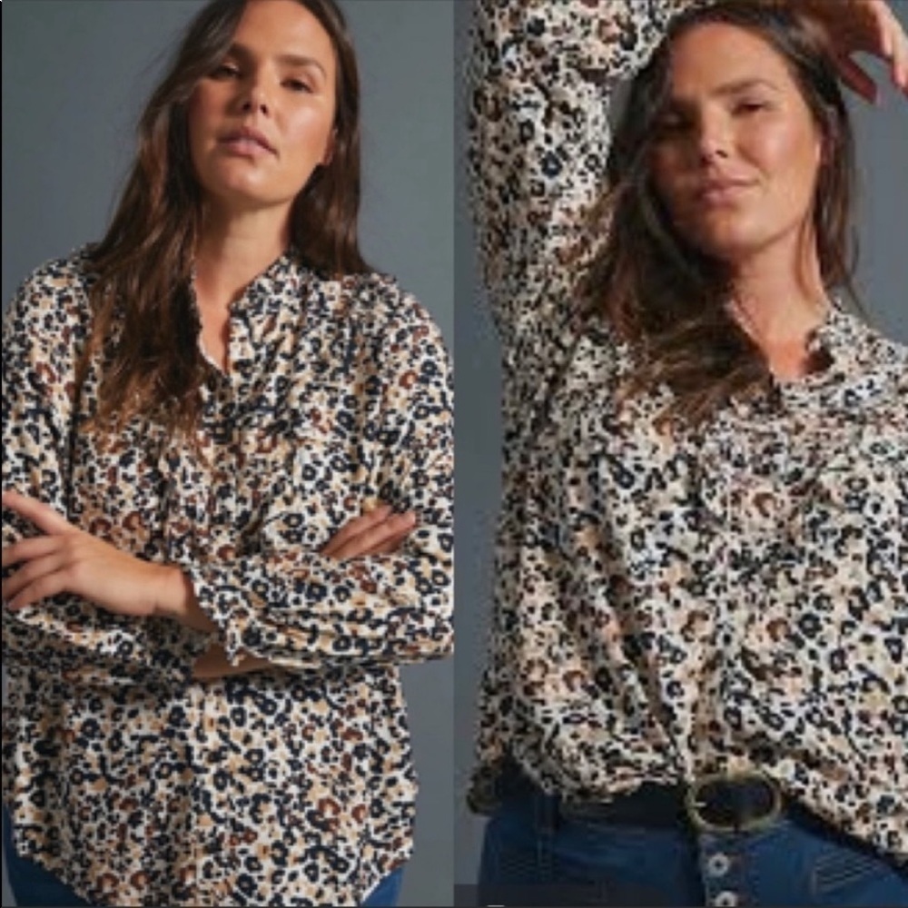 Anthropologie Maeve Katia Ruffle Buttondown in Leopard Print